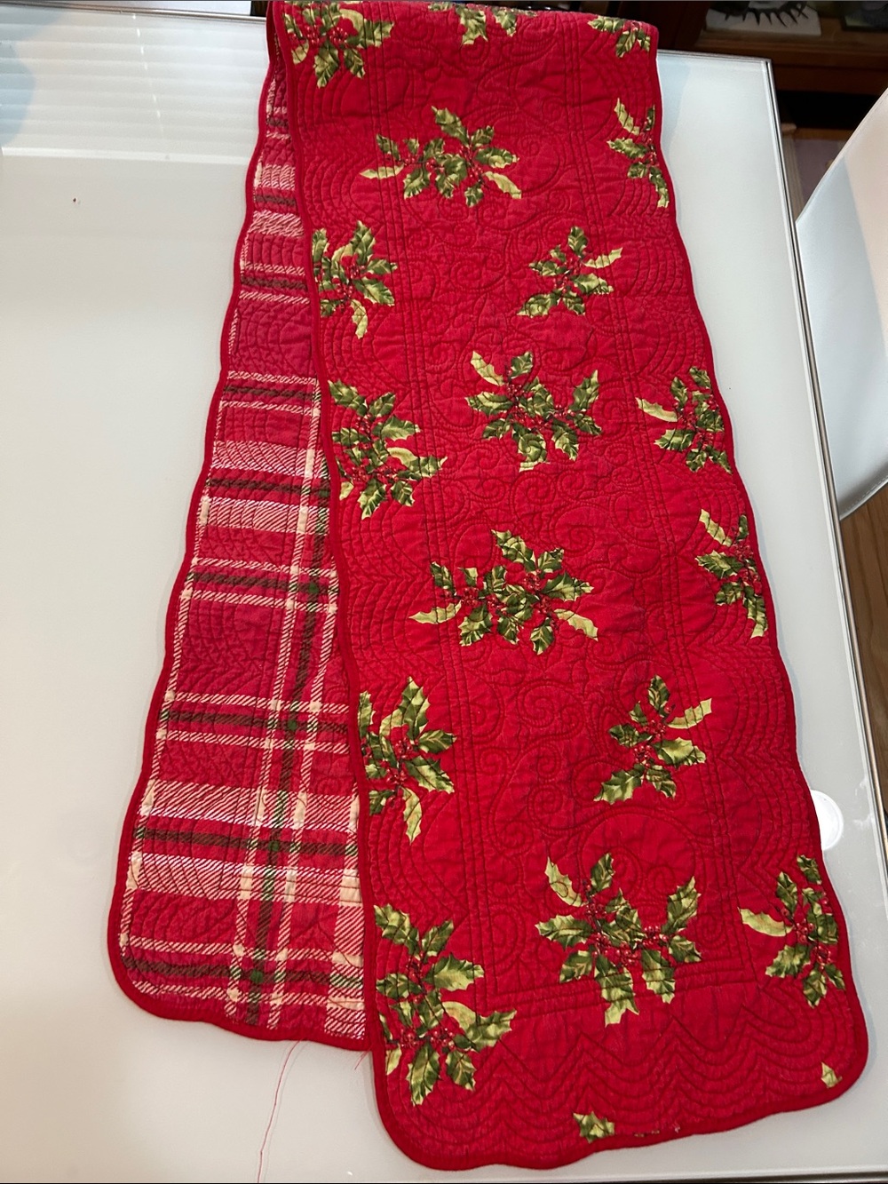 Holiday Christmas Holly Quilted Table Runner - Red and green